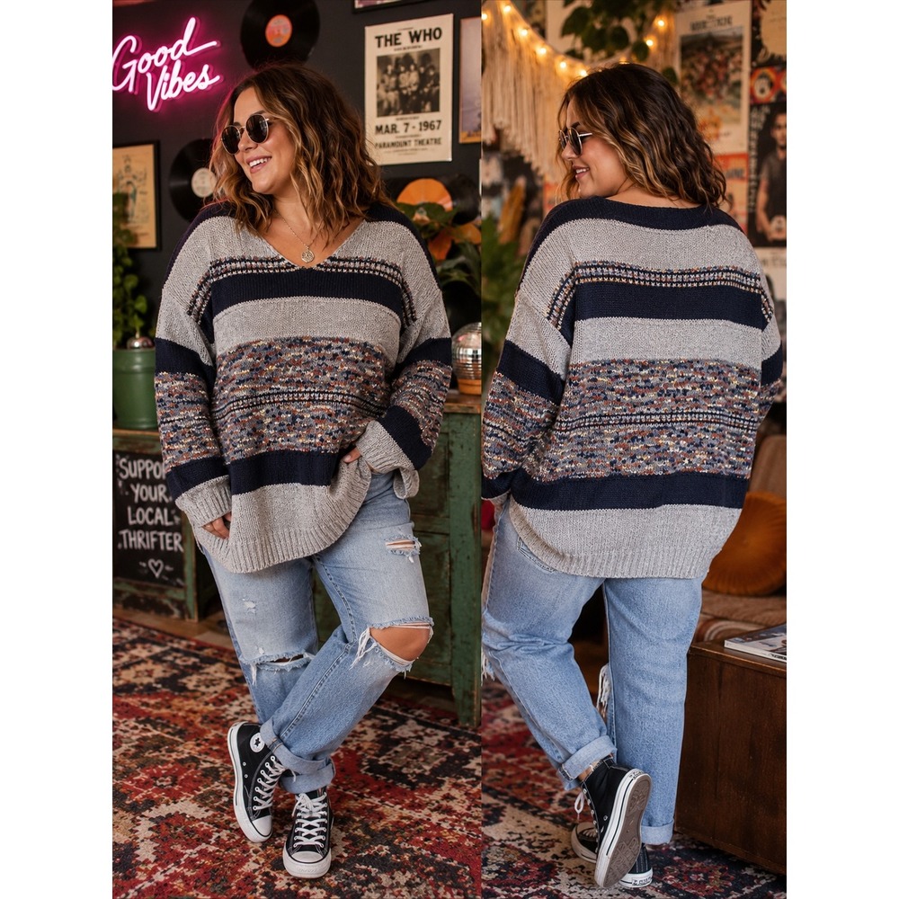 Davi & Dani 2XL Striped Fair Isle Knit Sweater V Neck Grandpacore Boho